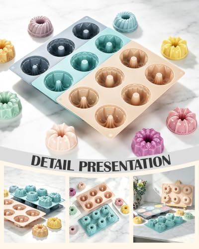 Jello Molds, 3pcs Silicone Fluted Tube Cake Pans, 6-Cavity Non Stick Silicone Baking Molds for Cupcake, Donuts, Muffin, Cornbread, Brownie, Jellies (Caltle-Pink+Blue+Gray) - color: Caltle-Pink+Blue+Gray