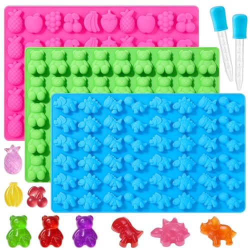 Gummy Candy Molds with 2pcs Droppers, Large Silicone Candy Molds 3 Pack - color: B-Fruit+Bear+Dinosaur:3 Pcs, size: Large Gummy Molds