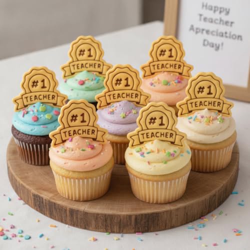 BAKERLOGY Number 1 Teacher Badge Mini Cookie Cutter & Stamp Set – Award Ribbon Fondant Embosser for Cookies, Cupcake Toppers, Biscuit Decorating, Teacher Appreciation, Thank You, School, Graduation