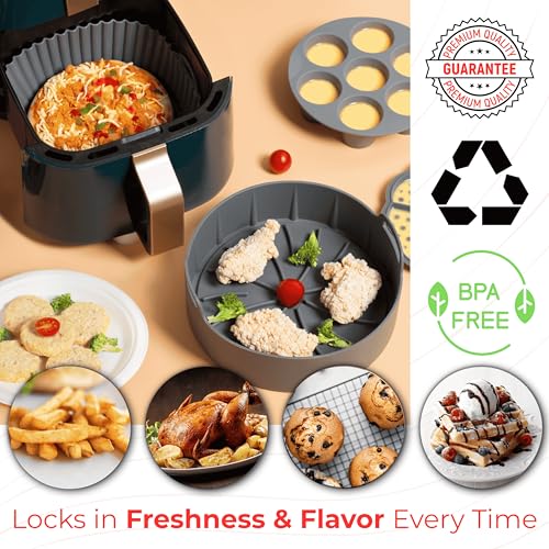 EM Set of 5 Silicone Air Fryer Liners with Egg Bite Mold, Waffle Mold & Mitts - 7.5” Round Reusable Silicone Inserts for 3-5 Qt Airfryers - Easy to Clean & Heat-Resistant Air Fryer Accessories Set - size: 5-Pack 7.5 in Liners for 3-5 Qt