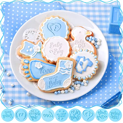 9 Pcs Baby Shower Fondant Embosser for Boys 3D Design Light Blue Cookie Stamp for Baking Acrylic Fondant Stamp for Baby Shower Party Decorating Topper Icing Cake Cupcake Chocolate Biscuit