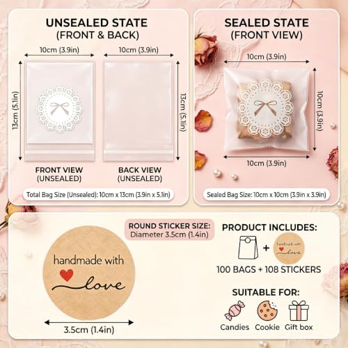 100 PCS Self Sealing Cookie Bags, Lace Bow, 4 x 4 Inch with 108 Stickers