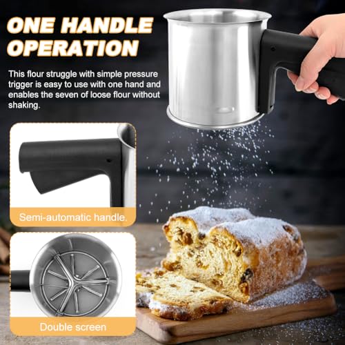 3 Cup Flour Sifter for Baking, Stainless Steel Hand Squeeze Fine Sieve