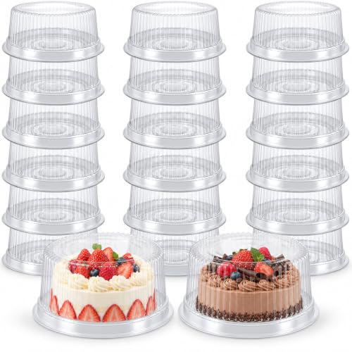 20 Pack 7 Inch Disposable Cake Containers with Lids, Clear Plastic Cake Carrier with White Base, PET Cake Boxes for Transport, Storing, Displaying Cakes, Bakery, Party, Dessert Gifts