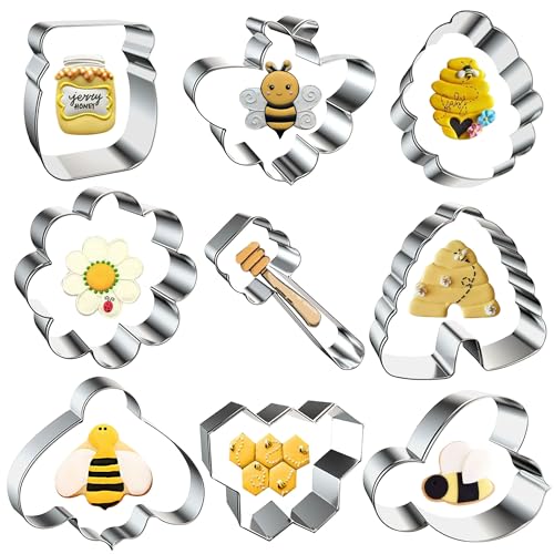 9 PCS Bee Cookie Cutters Set, Stainless Steel Honeycomb Honey Jar Flower Shaped Cookie Cutter Honeybee Biscuit Cutters Molds Baking Molds for DIY Crafts Spring Bee Party Homemade Treats Baking - color: Bee