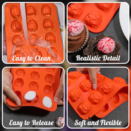Webake Brain Chocolate Mold, Bite Size Halloween Brain Silicone Molds 15-Cavity for Halloween Plaster, Chocolate, Candy, Jello, Cupcake, Treats, Pack of 2 - style: Brain