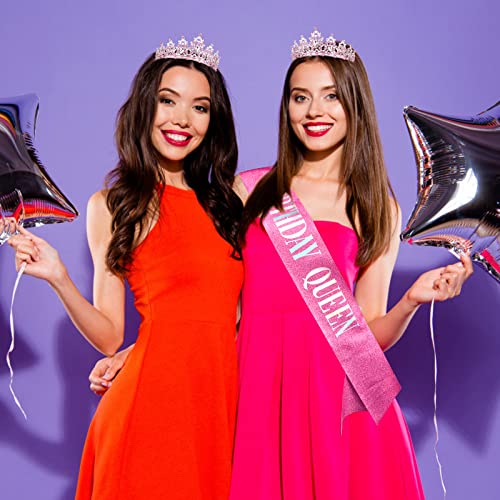 "BIRTHDAY QUEEN" Sash and Tiara for Women Crystal Tiara and Satin Kit for Girl Rhinestones Crown with Comb Glitter Hair Accessories for Prom Party Decoration Cake Topper Accessory Set with Pin - color: Pink Tiara+pink Sash