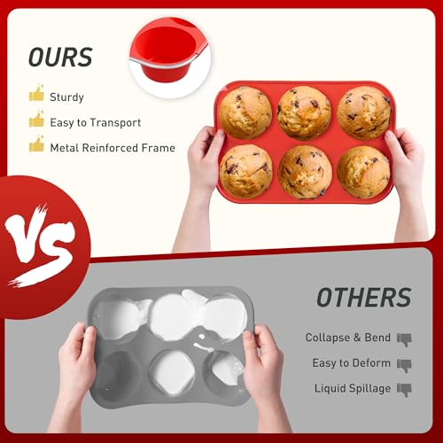 2 Pack 6 Cups Silicone Mini Muffin Pan with Metal Reinforced Frame Silicone Molds Cupcake Cake Baking Pans Cookie Baking Chocoflan Cupcake Mold Cake Molds Kitchen Baking Mom Gift Home Essentials - color: Red, size: 2pc: 6-Cup Jumbo