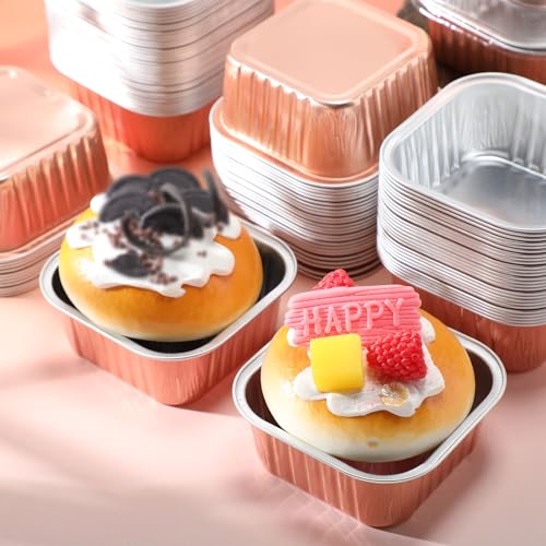 Skylety 100 Pcs 5oz Mini Square Cake Pans with Lids, Champagne - color: Champagne
