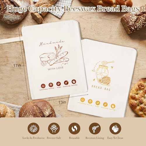 2 Pack Reusable Beeswax Bread Bags for Homemade Sourdough, with Wide Zipper - color: Ivory