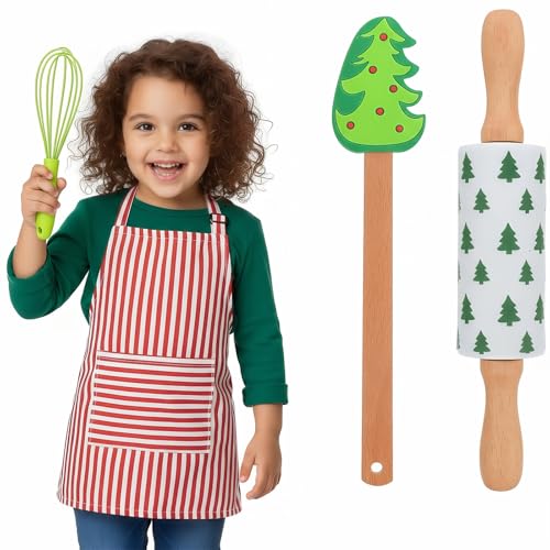Healifty Kids Cooking Baking Set: Silicone Mini Whisk Wooden Rolling Pin Utensils Accessories Spatula Baking Tool for Toddler Christmas Home Kitchen and Serving 3Pcs