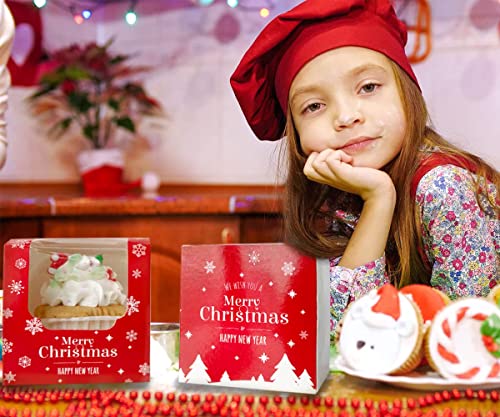 Happyhiram 50 Pack Christmas Red Cupcake Boxes with Inserts and Window - color: Holiday Christmas Red, size: 50-Count