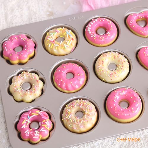 CHEFMADE Donut Mold Cake Pan, 12-Cavity Non-Stick Pattern Doughnut Bakeware for Oven Baking (Champagne Gold) - size: 02 - Fancy 12 Cups