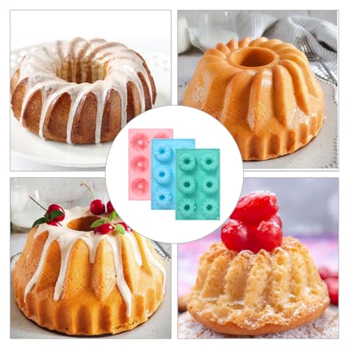 3 PCS Mini Bundt Cake Pans for Baking, 6-Cavity Fluted Tubular Mini Cake Pans, Silicone Molds for Baking, Ideal for Brownies, Cookies, Cupcakes, Jellies, Muffins, Donuts(Three Shapes)
