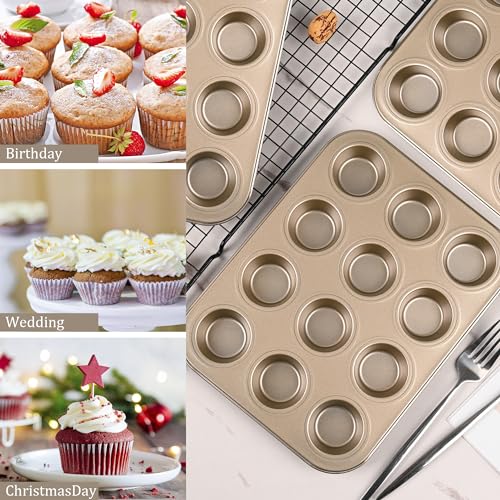 Mini Muffin Pan 2-Pack, Premium Small Cupcake Pans, Carbon Steel 12-Cup Muffin Tin, Versatile Non-Stick Bakeware - color: Gold