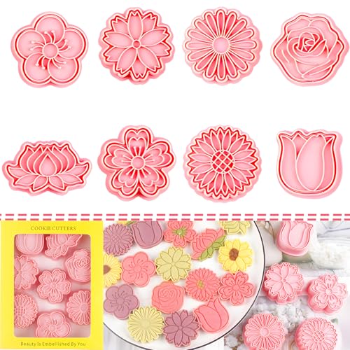BESEK Flower Cookie Cutters: 8 pcs Flowers Cookie Cutter, Spring Flowers Cookie Stamps for Biscuit Fondant Cheese Baking, for Kids & Adults - color: Flower