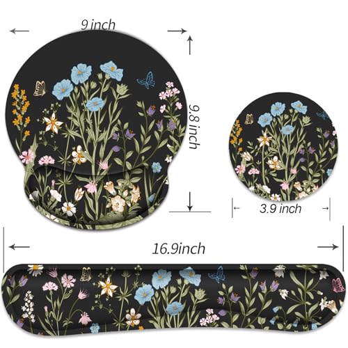 Ergonomic Mouse Pad with Wrist Rest and Keyboard Wrist Rest, Mousepad - color: Black Floral