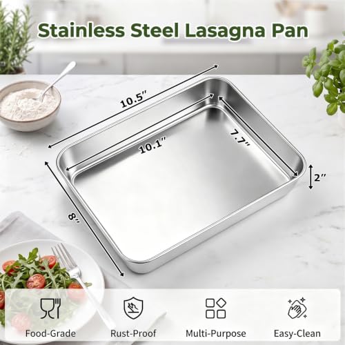 TeamFar Lasagna Pan, 10.5" x 8" x 2" Stainless Steel Rectangular Cake Pan - color: Silver, size: 10 Inch