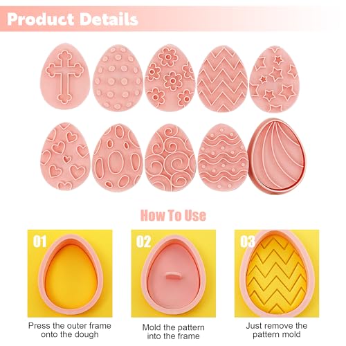 10 Pieces Easter Egg Cookie Cutters Easter Cookie Stamps 3D Plastic Embossing Mold Press Cookie Mould Set Baking Kitchen Tools for Holiday Birthday Party Biscuit Fondant Snacks Making
