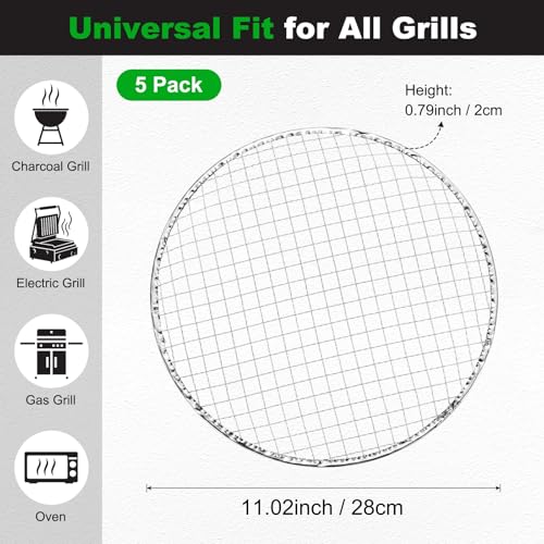 M METERXITY 5 Pack Disposable Grill Toppers, Round 11.02 Inch Galvanized Grill Grates, Disposable Roasting Racks Replacement for Outdoor, BBQ, Camping, Picnics - size: 11.02''