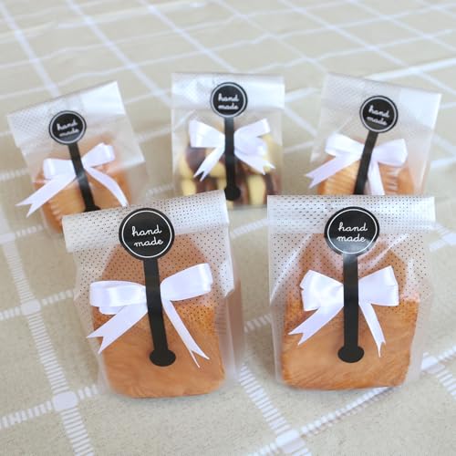 Cookie Bags for Packaging, Searik Translucent Plastic Cellophane Pastry Treat Bags for Party Gift Giving Bakery Bread Candy Chocolate Wrapping Goods with Stickers and Ribbon (3.5 x 8.8 Inches, 80 Pcs) - size: 3.5 x 8.8 Inches