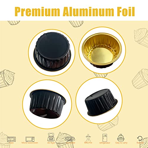 100Pcs Aluminum Cups with Lids,5oz Disposable Ramekin Baking Cups Muffin Liners Mini Pie Pans Foil Cupcake Containers for Christmas Party Wedding,Black Gold - color: Black/Gold