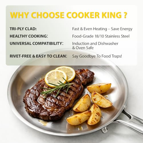 COOKER KING Tri-Ply Clad Stainless Steel Pans Set, 8, 10 & 12 Inch Skillets - size: 8+10+12 Inch