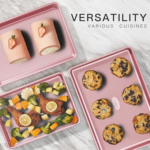 HONGBAKE Baking Sheet Pan Set, Cookie Sheets for Oven, Nonstick Half/Quarter/Jelly Roll Pans with Diamond Texture Pattern, Heavy Duty Cookie Tray, Pink - color: Pink (Carbon Steel)