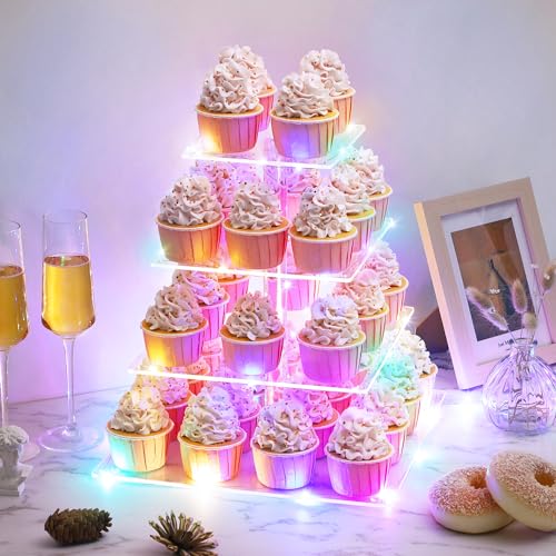 4 Tier Cupcake Stand with LED String Light, Acrylic Cupcake Display Stand - color: Colorful