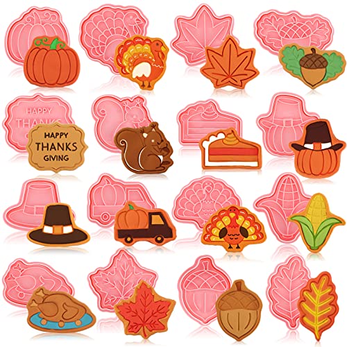 Hoolerry 16 Pcs Thanksgiving Cookie Cutter with Plunger Stamp Set Fall 3D Biscuit Cutter Pastry Fondant Embossing Maple Leaf Turkey Pumpkin Mold for Baking Supplies
