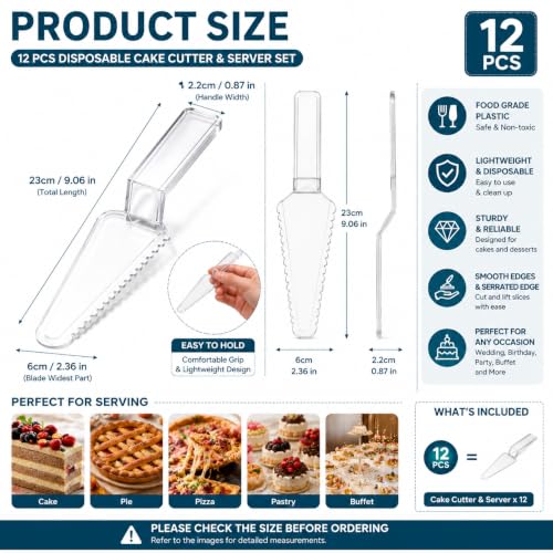 12 Pcs Disposable Plastic Cake Cutter 9.06 Inch Cake Pie Server Cutter Slicer Pizza Pastry Slicer for Kitchen Wedding Buffet