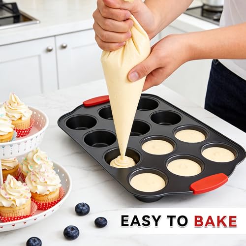 Mini Muffin Pan 12 Cup Muffin Pan with Silicone Grip Handles - color: Black, size: 12 Cup Muffin Pan