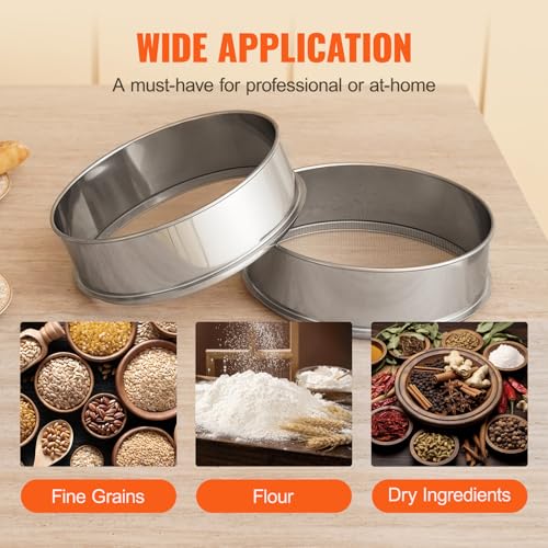 VEVOR Flour Sieve, 12 Mesh Sifter, 304 Stainless Steel Food-grade Fine Mesh Strainer, Dia. 12.6" for Baking, 5 Sizes Mesh Hole for Mungbean, Rice, Pearl Powder - style: 12 Mesh