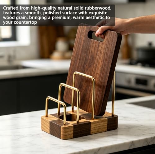Chopping Board Rack with Rubberwood Base – 3 Slot Wood Cutting Board Holder - color: Rubberwood