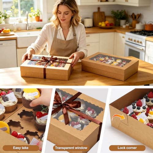 5 Pack 24 Count Standard Cupcake Boxes with Window & Inserts Brown - color: brown