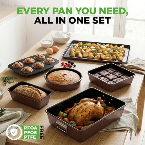 NutriChef 8-Piece Nonstick Stackable Bakeware Set - PFOA, PFOS, PTFE Free Baking Tray Set w/Non-Stick Coating, 450°F Oven Safe, Round Cake, Loaf, Muffin, Wide/Square Pans, Cookie Sheet (Brown) - color: Brown