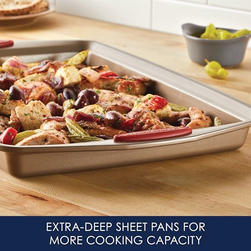 Rachael Ray Cucina Nonstick Bakeware Baking Pans Set, Baking Set 10-Piece - color: Latte Brown with Cranberry Red Grips, size: 10 Piece
