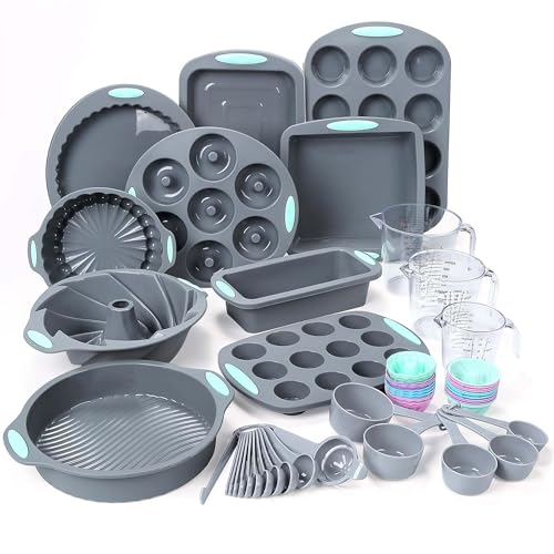Tongjude 54 Pieces Silicone Baking Pans Set, 10 Silicone Cake Molds, Loaf Pan and Muffin Pans, Non-Stick Baking Cup, with Measuring Cups and Spoons Set, Grey - size: 54 Pcs Bakeware Sets