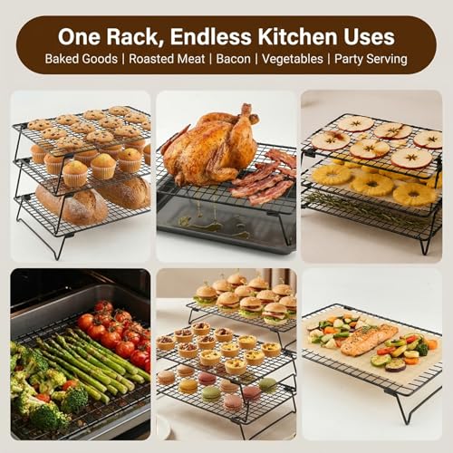 3 Pack Stackable Cooling Racks for Baking, 13.5 x 10 Inch Stainless Steel Wire Racks with Folding Legs, Oven Safe Baking Racks for Cookies, Cakes and Meat, Includes 50 Parchment Paper Sheets