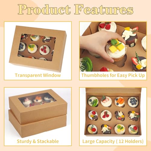 Cupcake Box, Disposable Cupcake Container Bulk, Auto-pop up, 2 Pcs, Brown