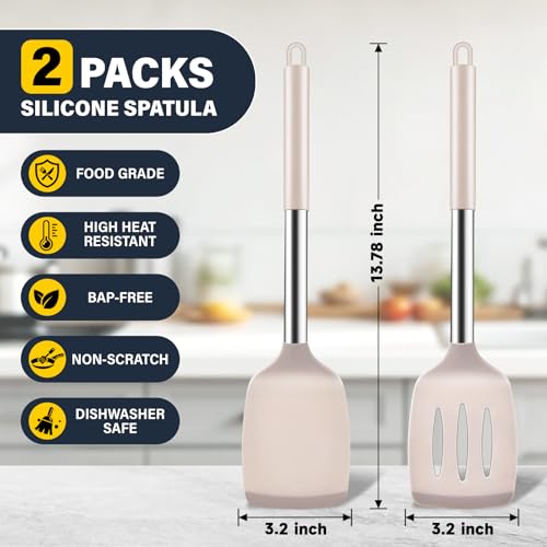2 Pack Silicone Spatula Set, Solid & Slotted Turner for Non-Stick Pans - color: Khaki