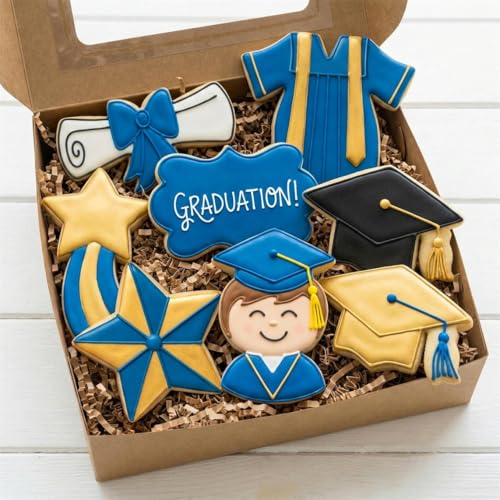 Graduation Cookie Cutters Set of 7, Stainless Steel, Cap Gown Diploma Graduate Star Shapes, for Graduation Celebration Party