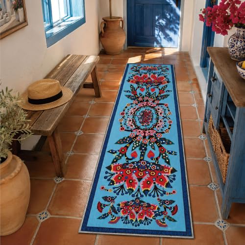 Lotus Runner Rug 2x6 Washable Accent Rug - color: Blue Flower, size: 2' x 6' (Rectangular)