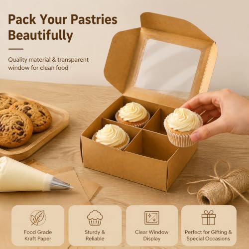 Eorbow 40 Pack Brown Bakery Boxes with Window and Dividers, 6 x 6 Inch Mini Pastry Boxes with 4 Compartments, Kraft Treats Gift Boxes with Inserts, Cupcake Packaging Containers for Pastries Biscuits