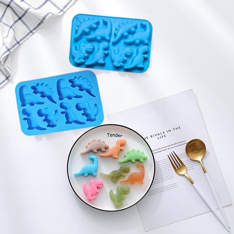2Pcs Dinosaur Silicone Candy Molds - 8-Cavity Gummy Dinosaur Molds Shaped with T-rex, Stegosaurus, Triceratops, Brontosaurus, Non-stick and Bpa Free for Chocolate, Soaps, Crayons, Ice Cubes - color: 2pcs Large Dinosaur Molds