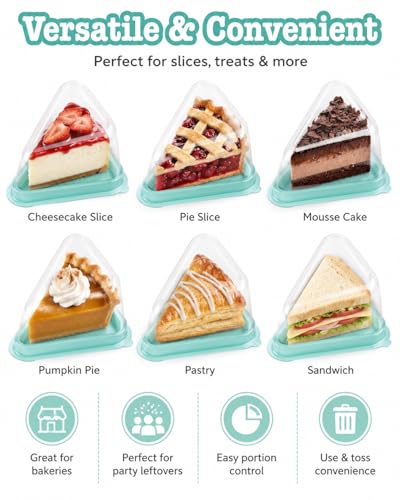 50 Pack Cake Slice Containers with Pink Base & Clear Lids - Disposable Triangle Cheesecake Boxes for Pie, Dessert, Pastry - Individual Plastic Slice Holders with Stickers (Green) - color: Green
