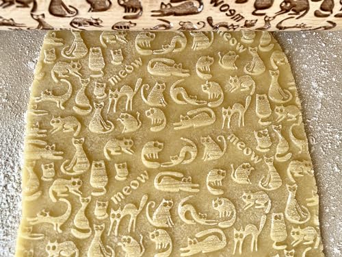 MEOW CATS EMBOSSING ROLLING PIN WOODEN HANDMADE ROLLING PIN with CATS GIFT FOR CAT LOVERS