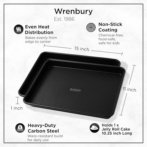 Wrenbury Jelly Roll Pan 15x10 Set of 2 - Non-Stick Baking Sheet Food Safe