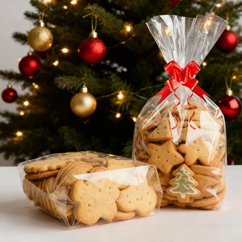 AGOBUHE Cellophane Treat Bags 6x10 Inch 50 Pack Clear Goodie Bags with Bottom Gusset & Pull Bows for Cookies Candy Party Favors - color: 6"x10" (50pcs)