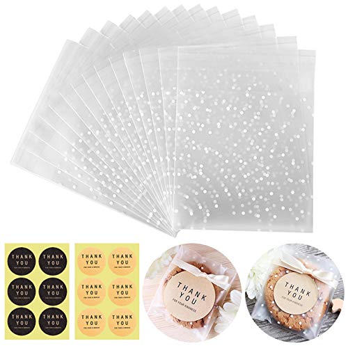 Self Adhesive Cookie Cellophane Treat Bags with Seal 5.5x5.5 Inches, 4 Mils Self Sealing Resealable Individual Plastic Packaging Bags with Thank You Labels for Gift Giving Party Favor Candy 100 Pcs - size: 5.5 x 5.5 Inches